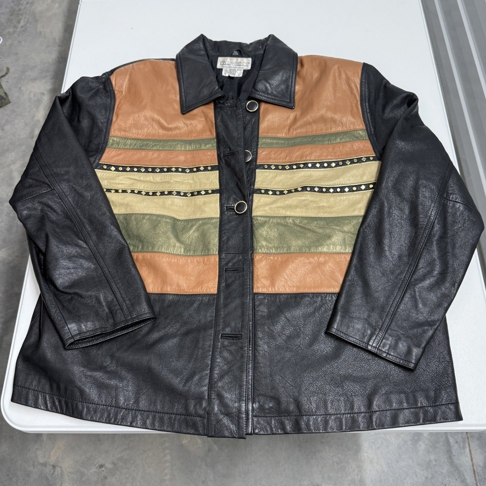 Jon Lawrence Leather Jacket Womens M Multicolor Good Studded Western Colorblock